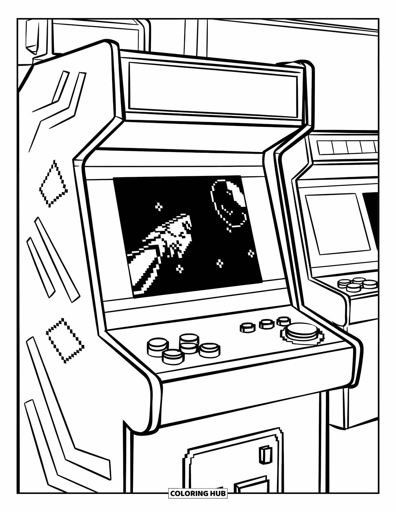 Pixel Coloring Page for Kids: Pixel arcade machine showing a spaceship game in an arcade room