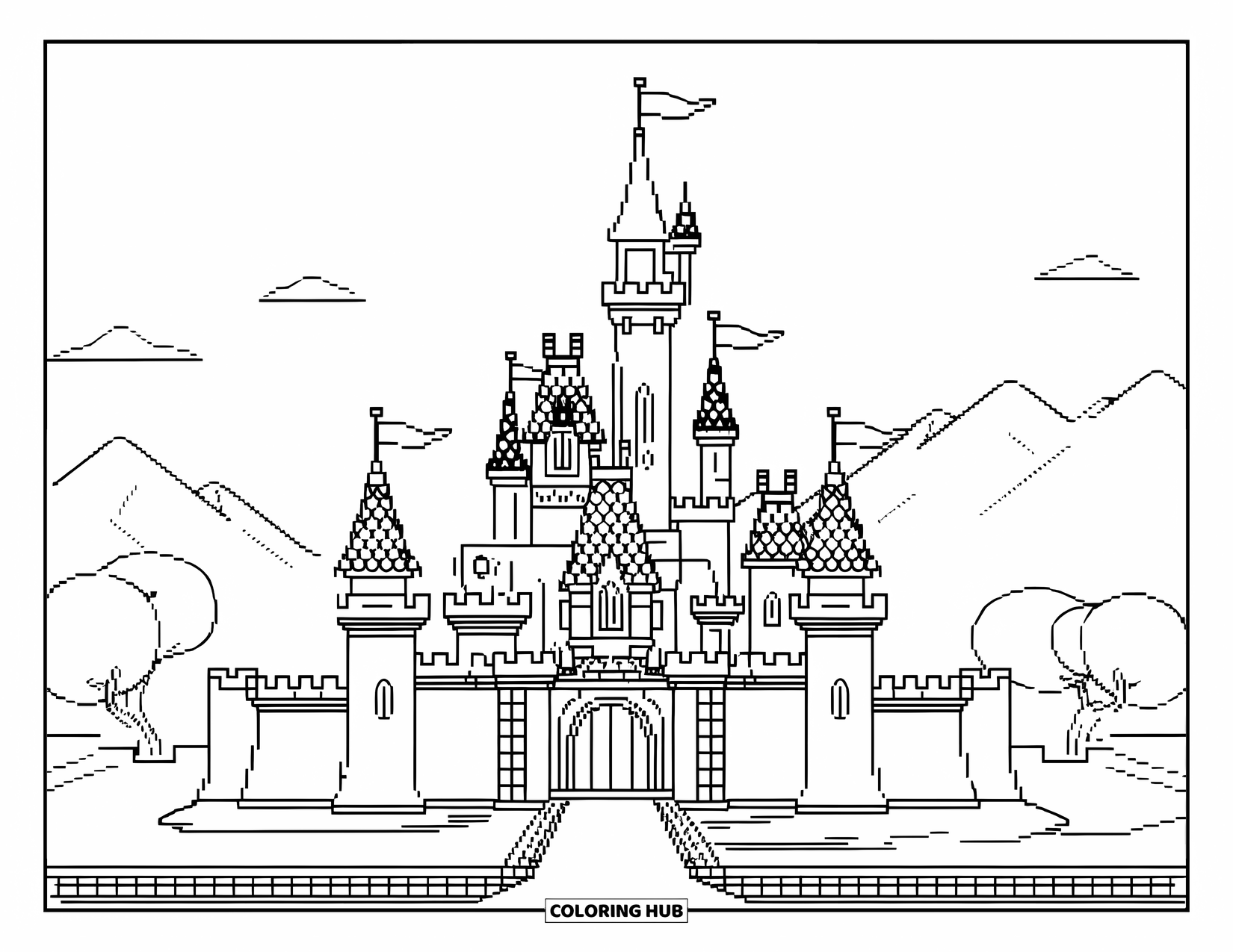 Pixel Coloring Page for Kids: Pixel castle with tall towers, flag, moat, and mountains