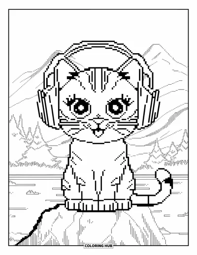 Pixel kifestő gyerekeknek: Fejhallgatós pixel cica zenét hallgat a természetben