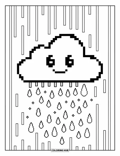 Pixel kifestő gyerekeknek: Mosolygó pixel felhő csavart mintában hulló esőcseppekkel