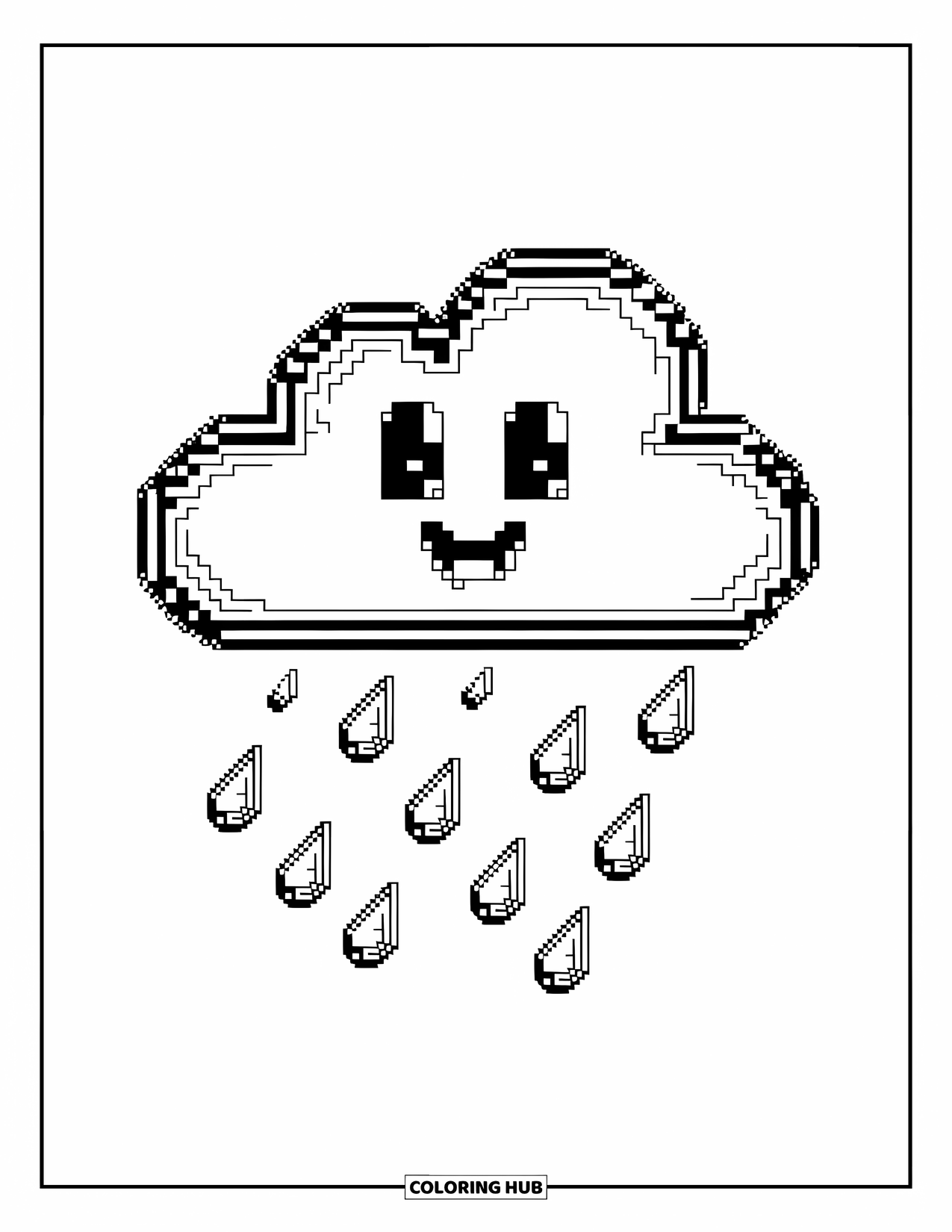 Pixel Coloring Page for Kids: Pixel cloud with a smiling face and raindrops falling below