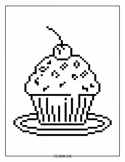 Pixel kifestő gyerekeknek: Pixel muffin tányéron szórócukorral és cseresznyével