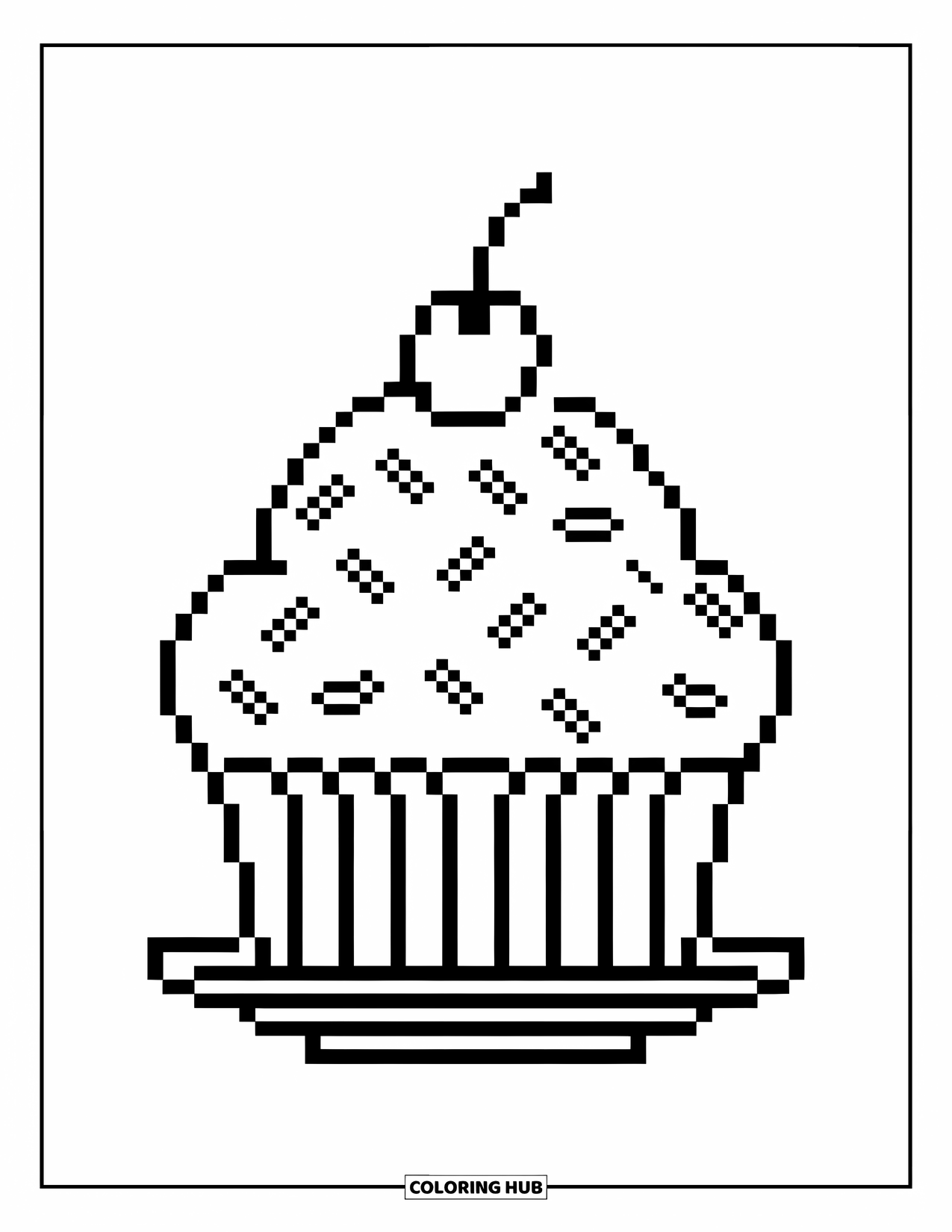 Pixel Coloring Page for Kids: Pixel cupcake with a cherry and sprinkles, fun design