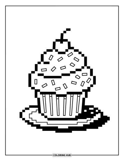 Pixel kifestő gyerekeknek: Pixel muffin szórócukorral és cseresznyével egy tányéron