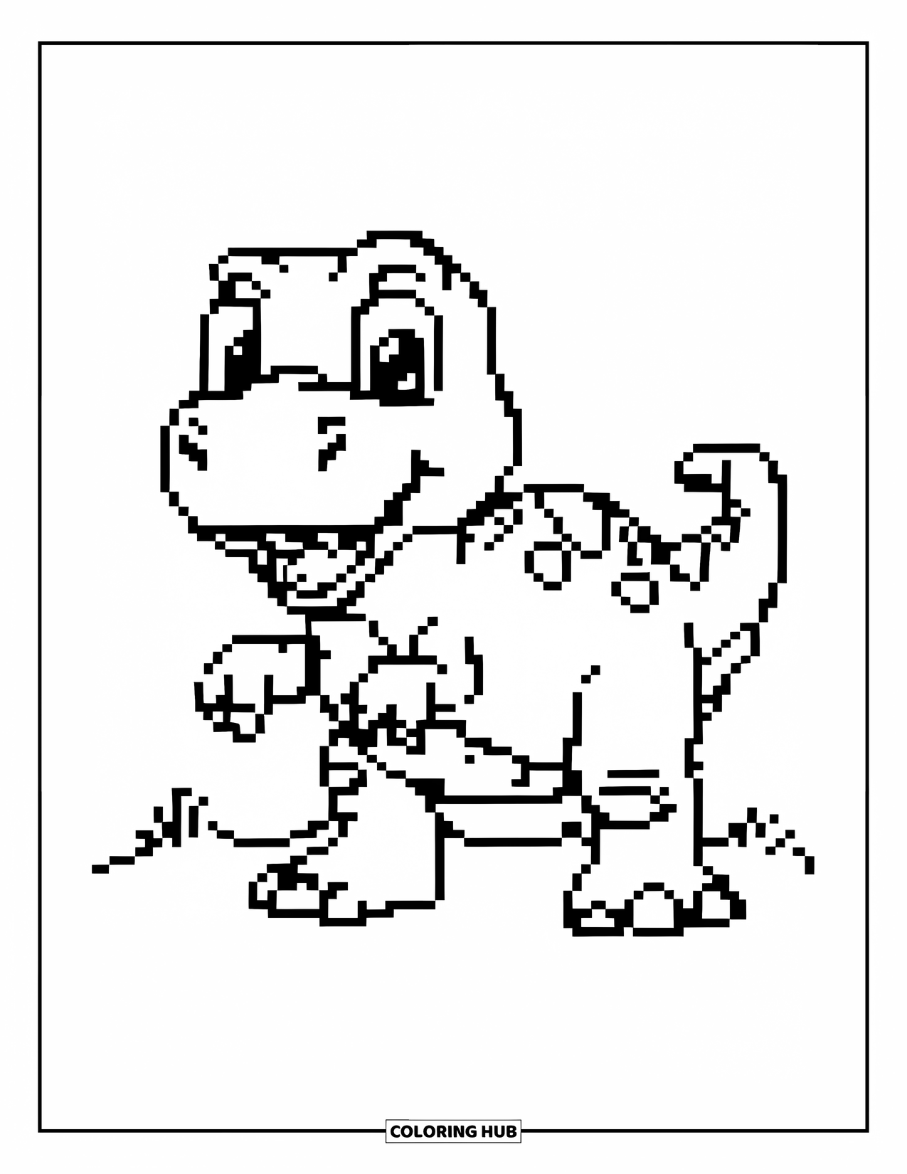 Pixel Coloring Page for Kids: Pixel dinosaur with big feet and a round tail standing on grass