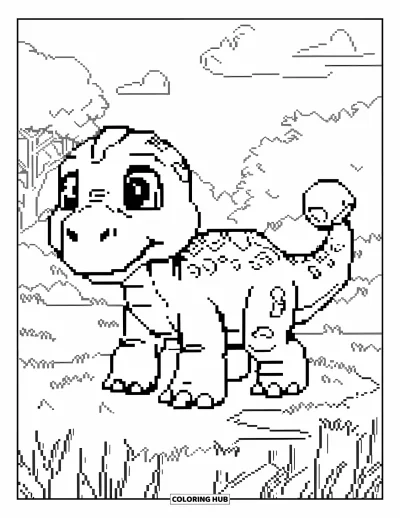 Pixel kifestő gyerekeknek: Nagy lábú pixel dinoszaurusz füves tájban áll
