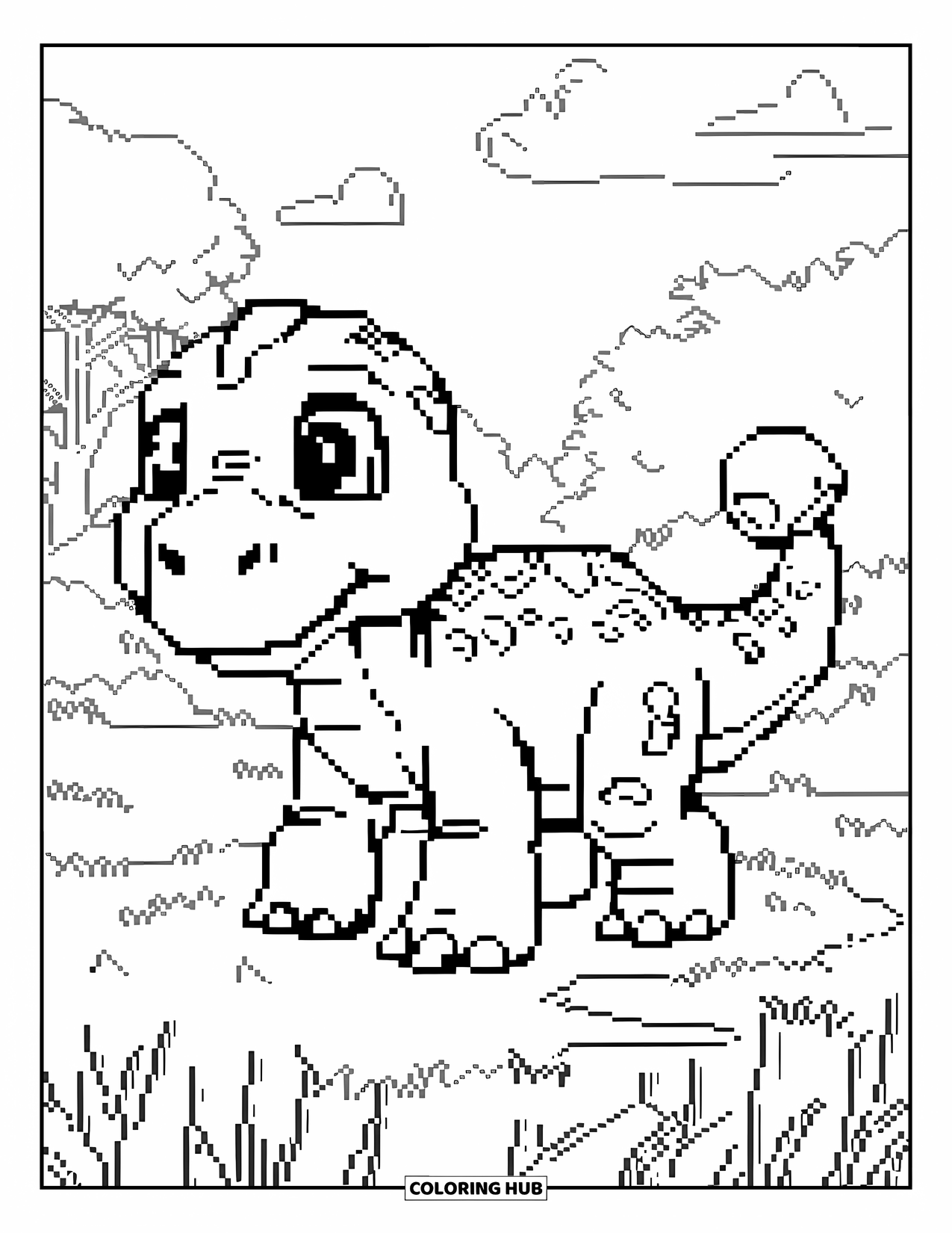 Pixel Coloring Page for Kids: Pixel dinosaur with big feet standing on grassy terrain