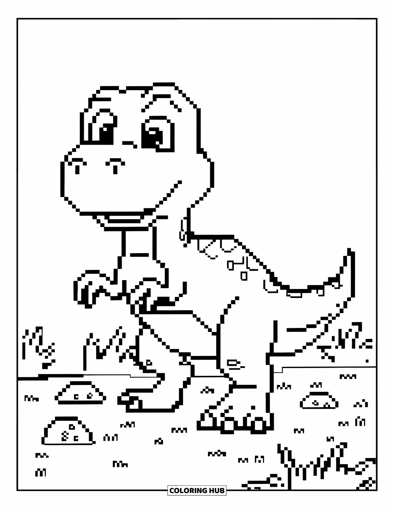 Pixel Coloring Page for Kids: Pixel dinosaur with rocks or eggs on grassy terrain