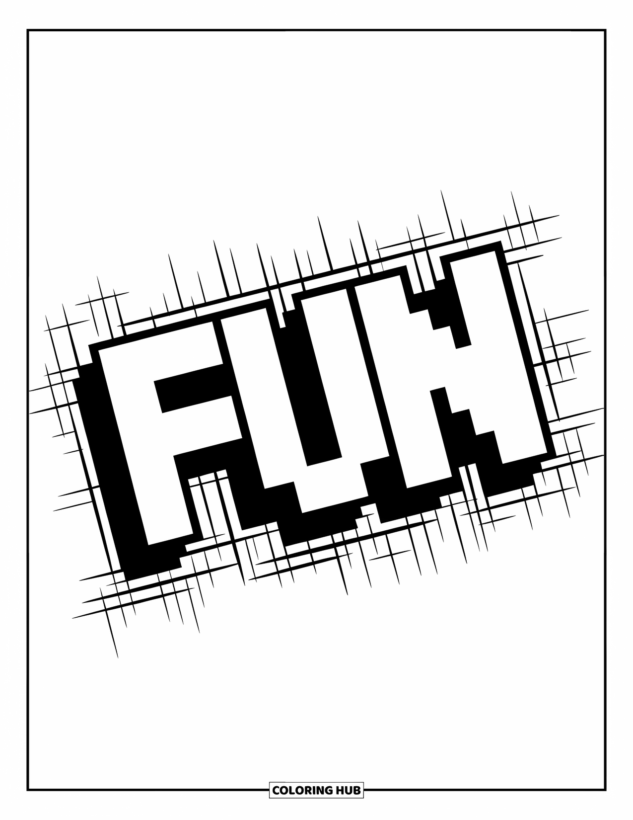 Pixel Coloring Page for Kids: Pixel graffiti tag spelling "FUN" with a retro pixel design