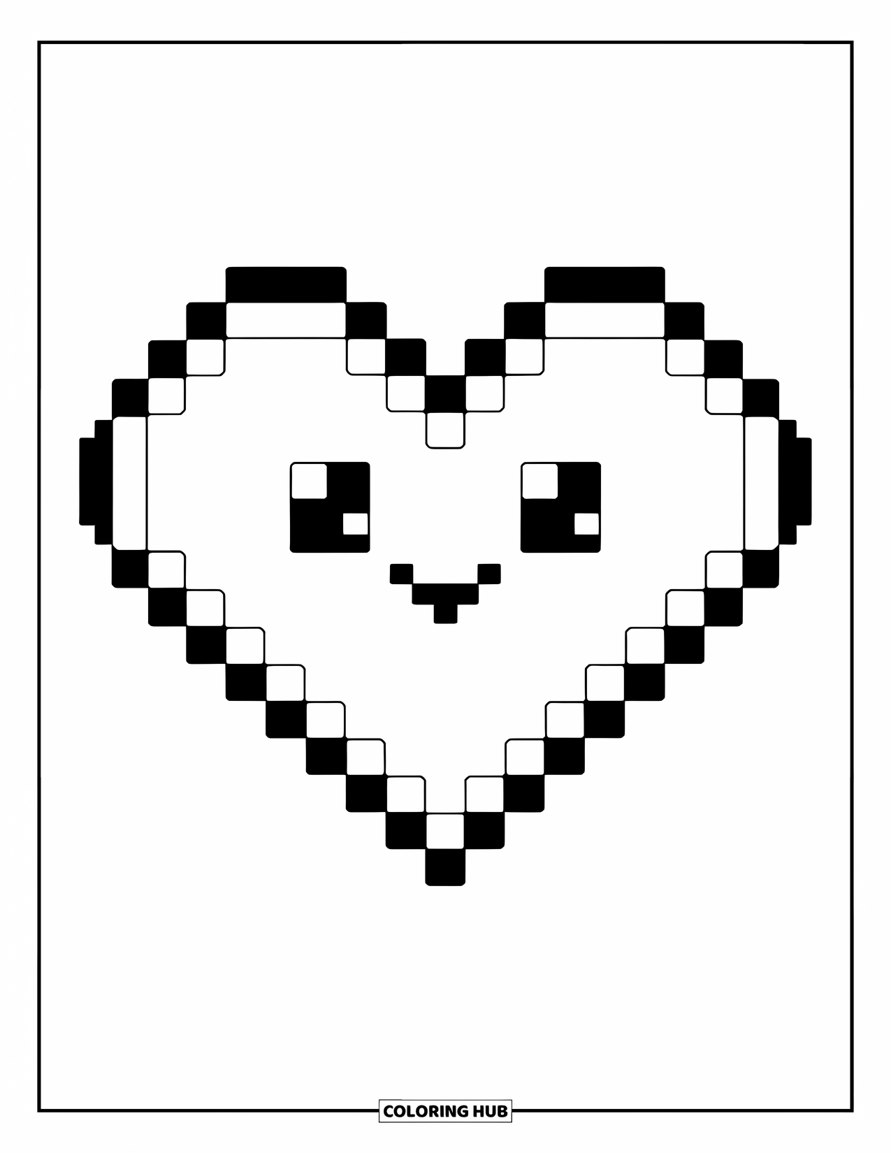 Pixel Coloring Page for Kids: Pixel heart with rounded edges made of small squares
