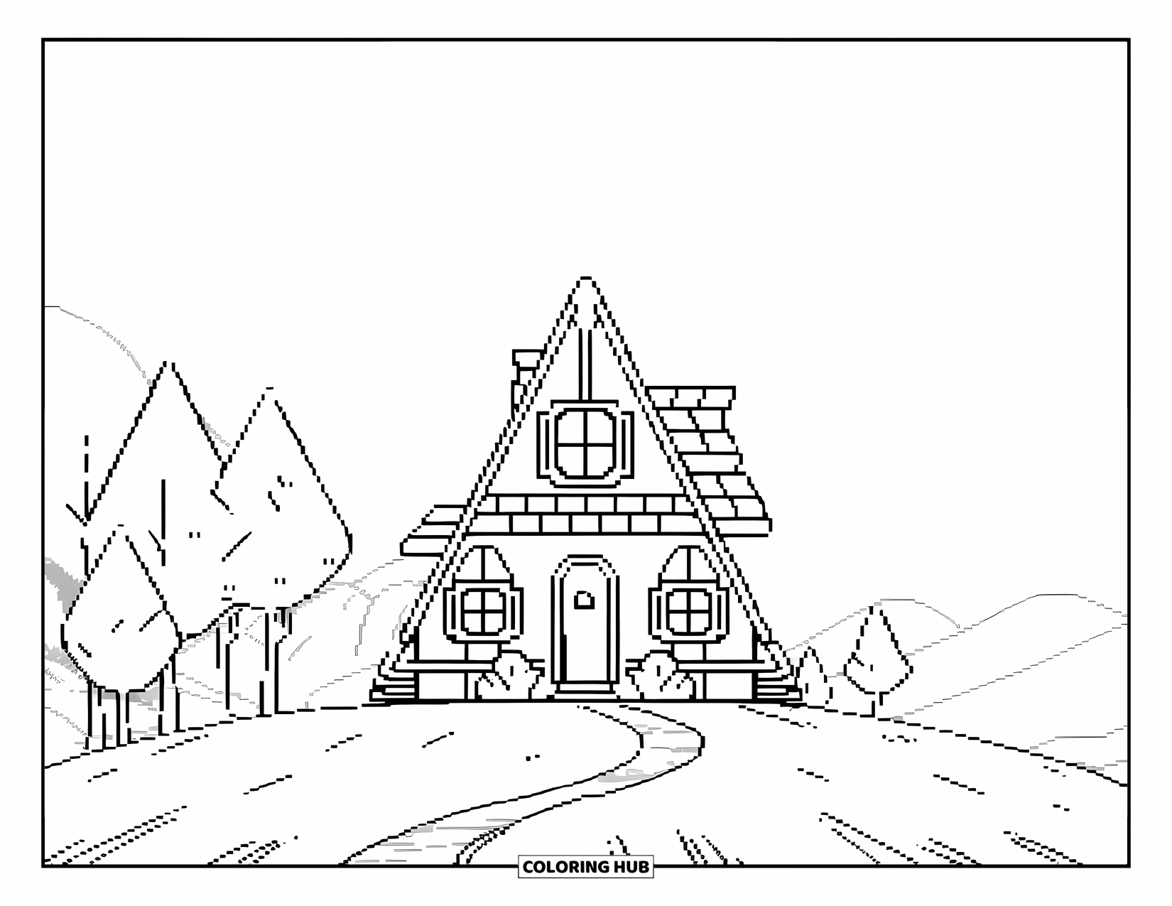 Pixel Coloring Page for Kids: Pixel house on a hill surrounded by trees and mountains