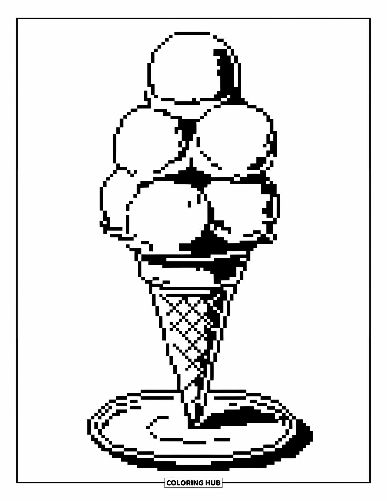 Pixel Coloring Page for Kids: Pixel ice cream cone with scoops sitting on a plate
