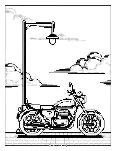 Pixel kifestő gyerekeknek: Pixel motorkerékpár utcai lámpa mellett pixel égen