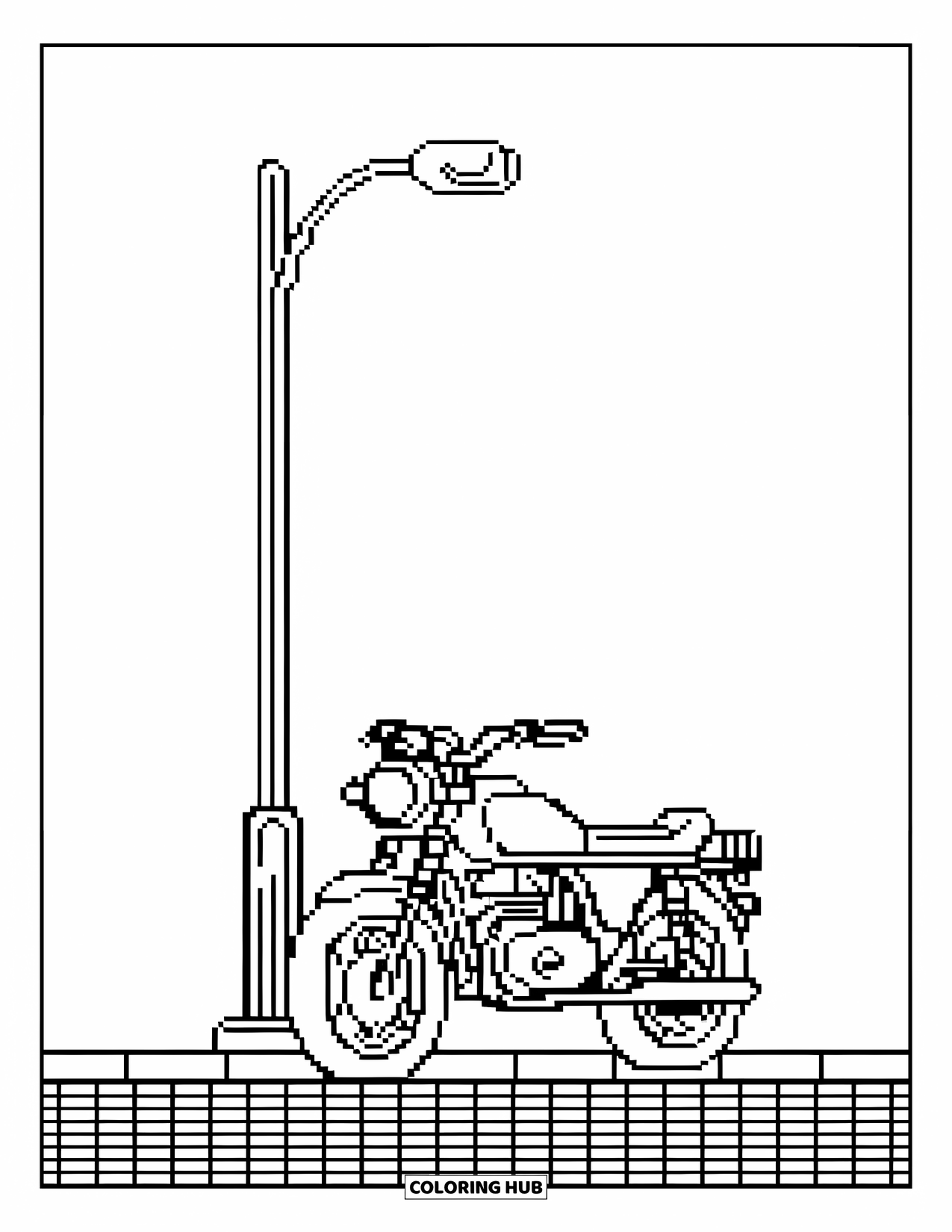 Pixel Coloring Page for Kids: Pixel motorcycle with round headlight near a tall streetlight