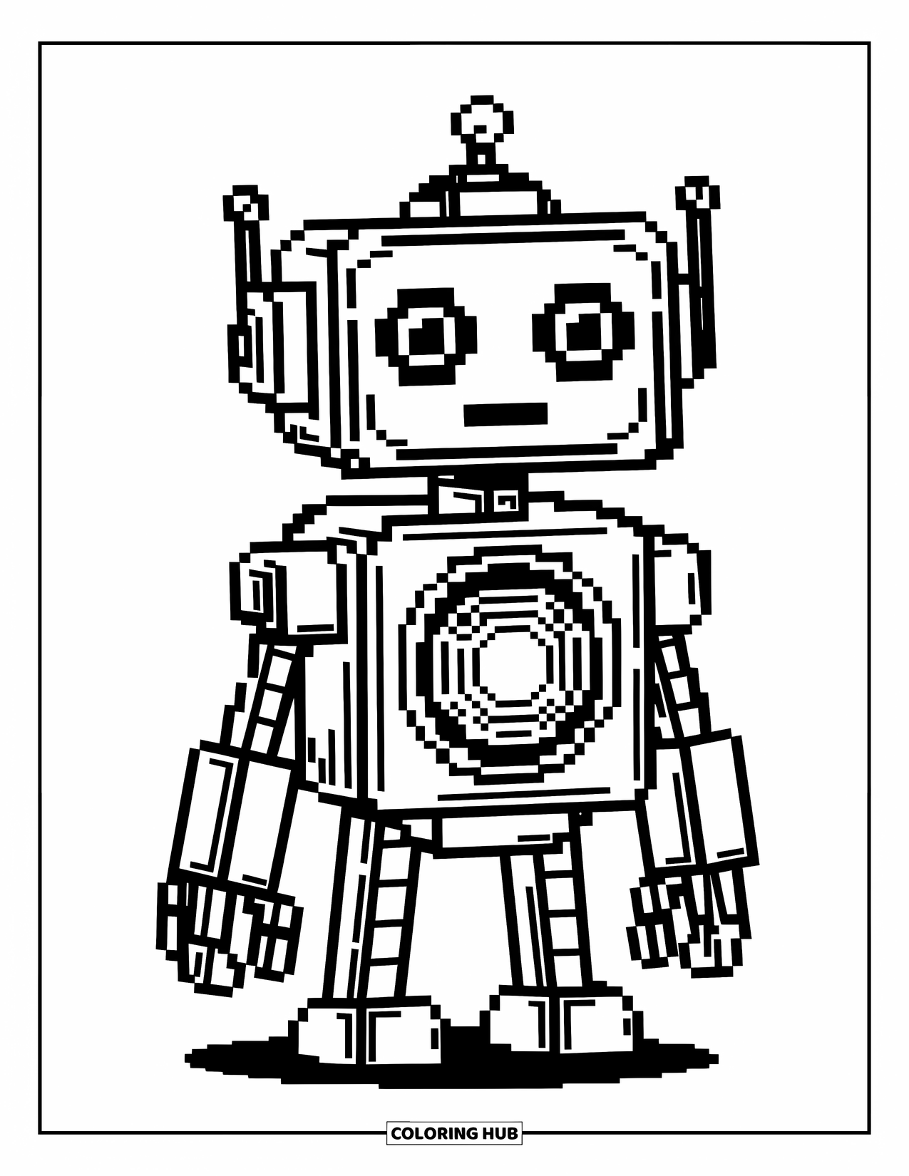 Pixel Coloring Page for Kids: Pixel robot with gear pattern standing on a square base