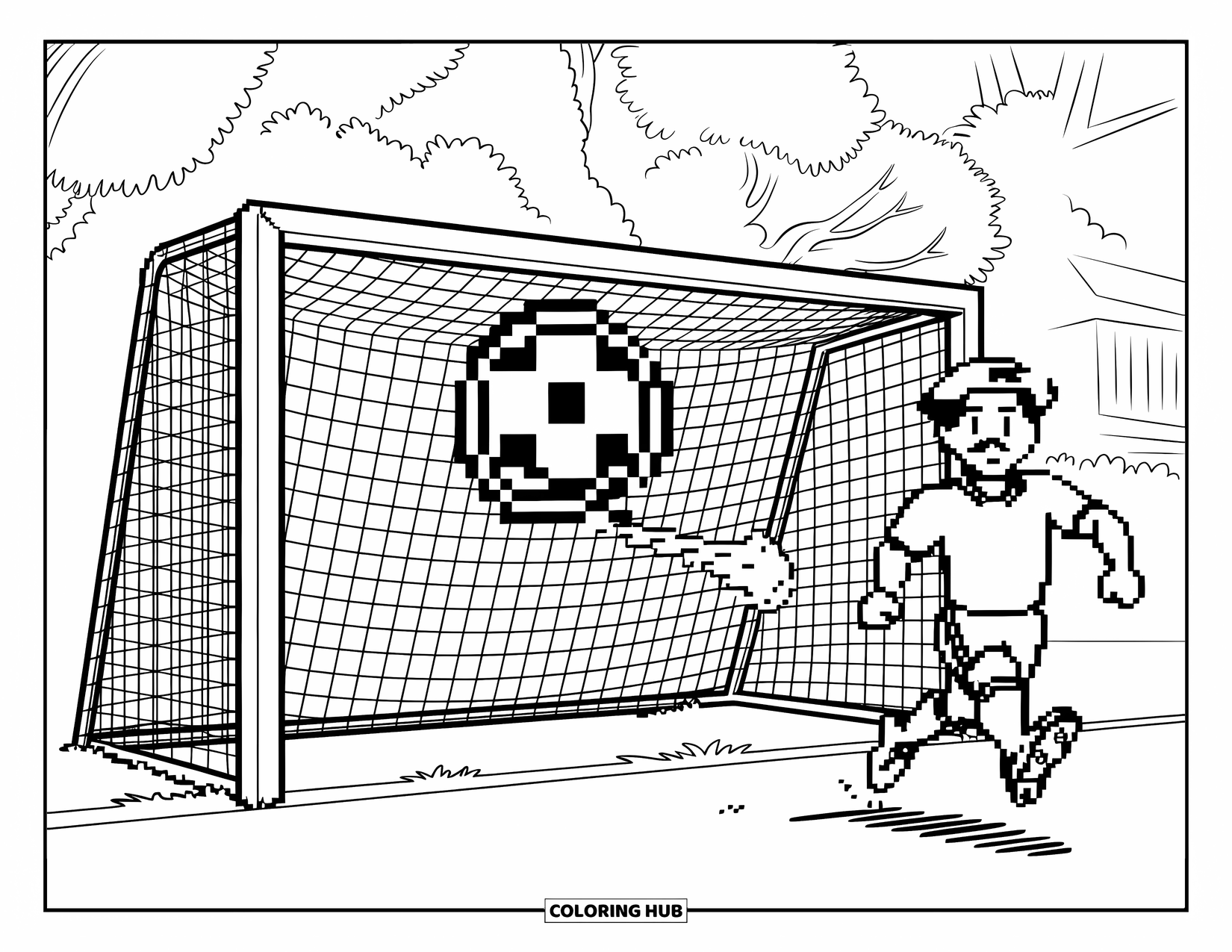 Pixel Coloring Page for Kids: Pixel soccer goal with a ball flying in and a player running