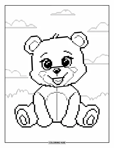 Pixel kifestő gyerekeknek: Pixel macijátók széttárt karokkal és vidám mosollyal ül