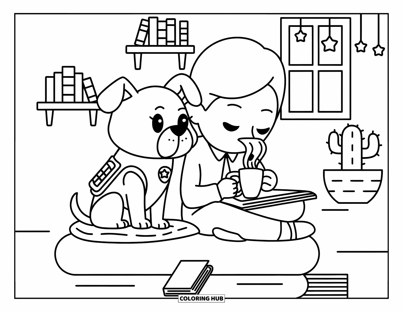 Police Coloring Page for Adults: A cozy police dog relaxes on a cushion while an officer writes and sips tea