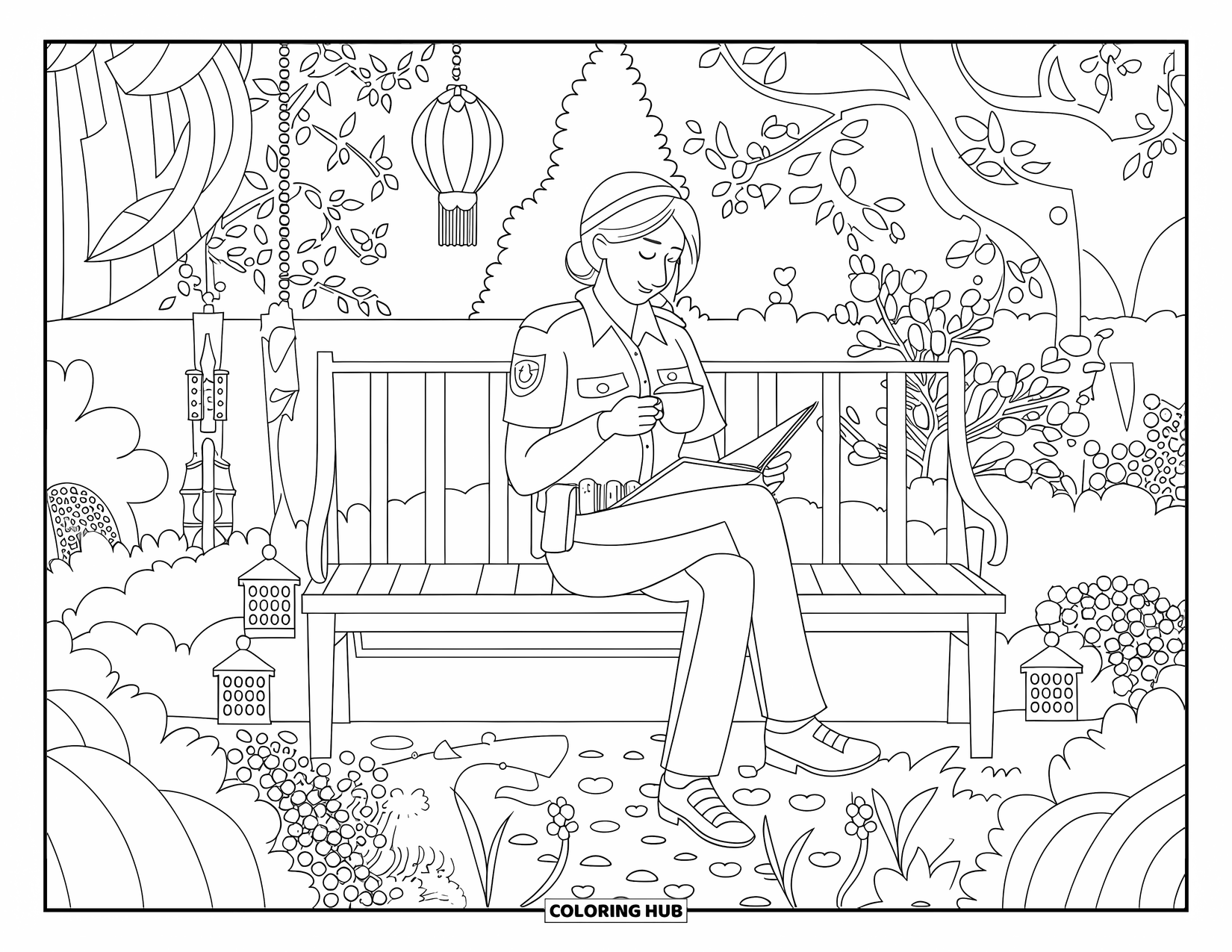 Police Coloring Page for Adults: A female officer enjoys coffee on a bench, surrounded by trees, flowers, and lanterns