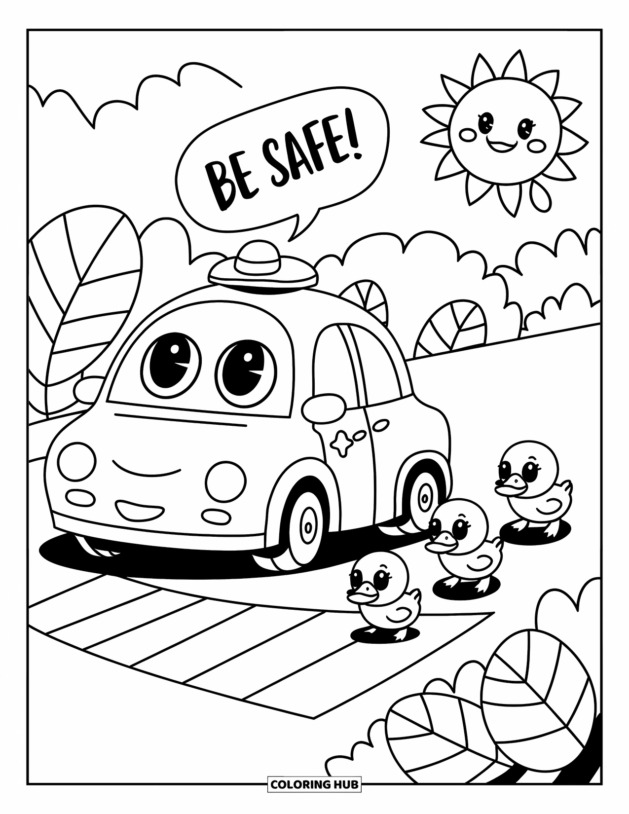 Police Coloring Page for Adults: A happy police car gently helps ducklings cross a curved crosswalk with cute speech bubbles