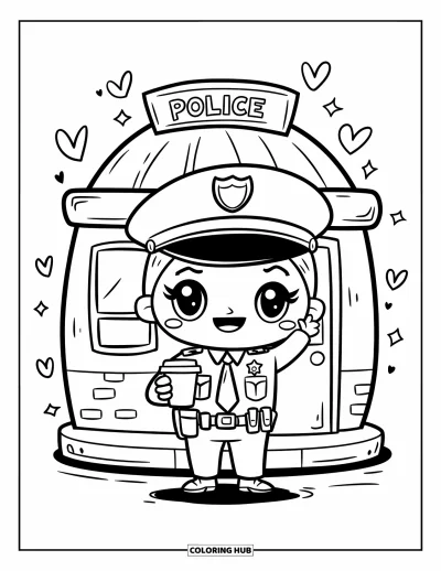 Tegning af politiet til voksne: En kawaii-politibetjent vinker med kaffe ved en afrundet politistation med flydende hjerter