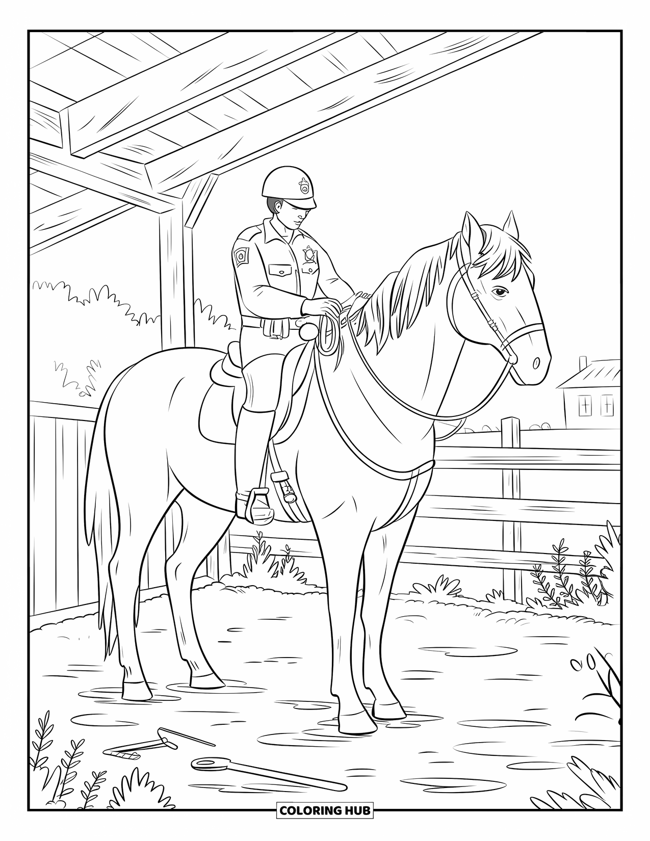 Police Coloring Page for Adults: A mounted officer grooms a horse in a stable with tools, plants, and a distant building