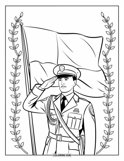 Tegning af politiet til voksne: En politibetjent i paradeunifor saluterer med et flag og laurbærborde bagved