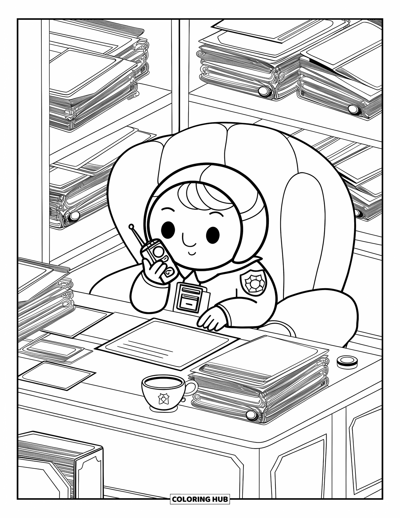 Police Coloring Page for Adults: A round-faced officer uses a walkie-talkie at a cozy desk with coffee and folders