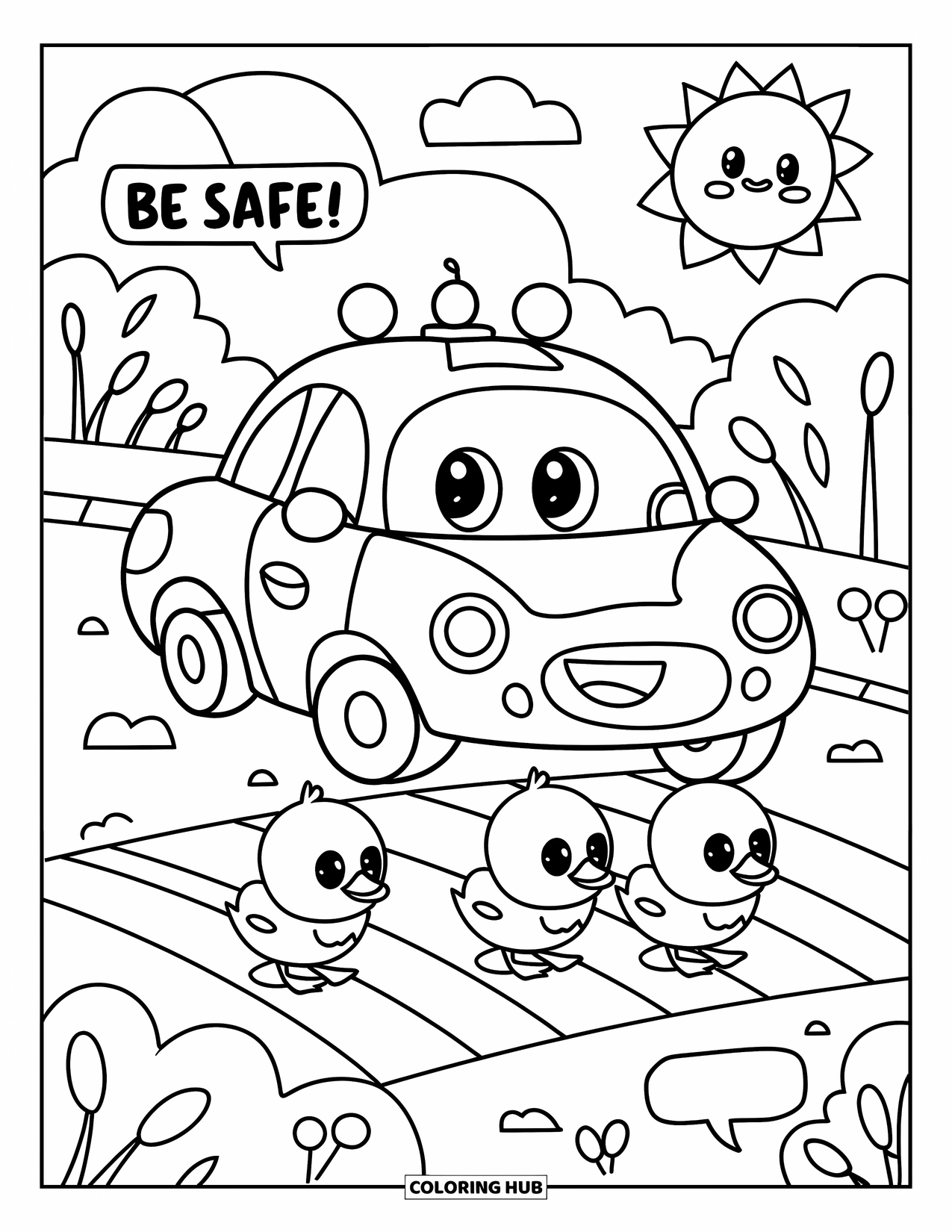 Police Coloring Page for Adults: A smiling police car guides baby ducklings over a crosswalk near bushes and a cheerful sun