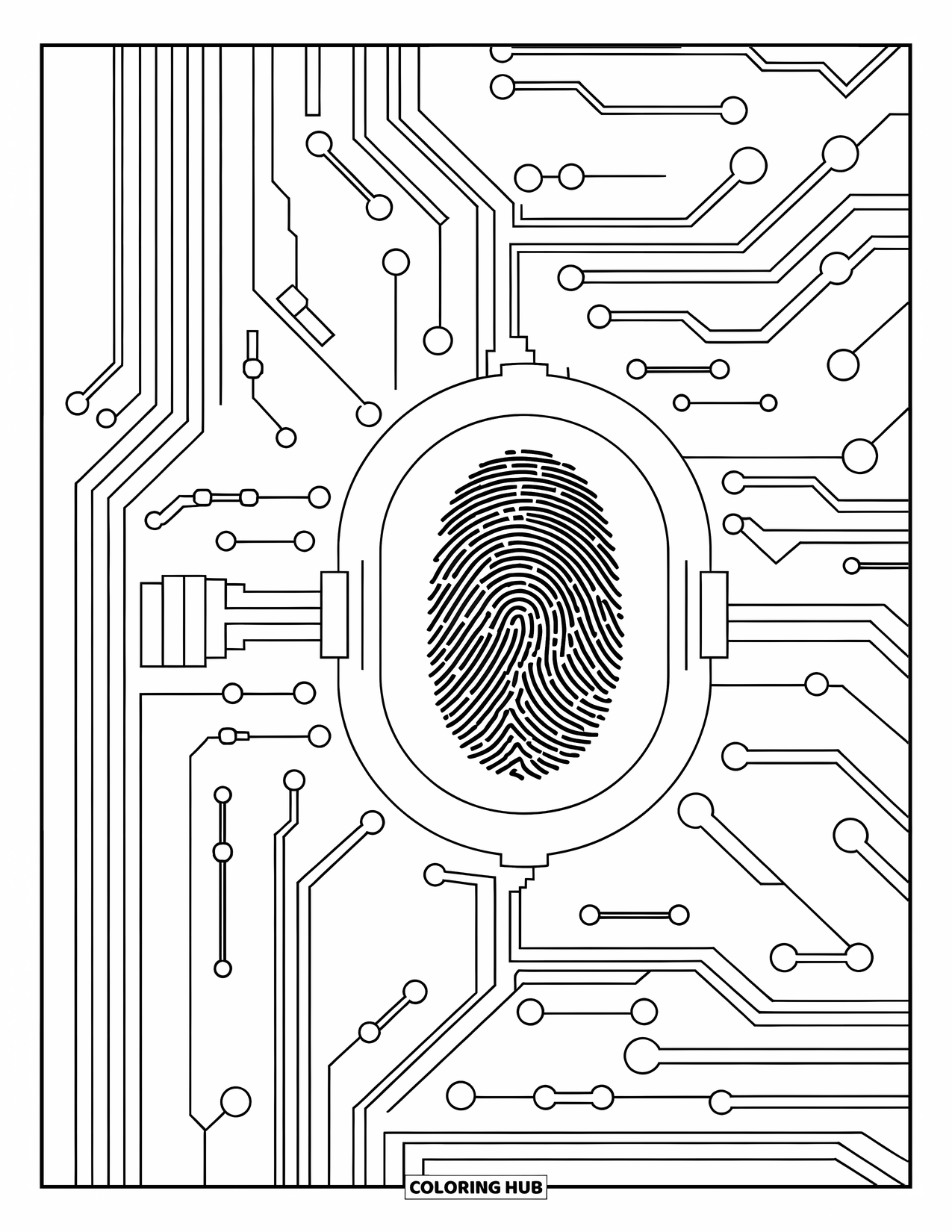Police Coloring Page for Adults: A stylized fingerprint scanner surrounded by abstract circuit lines and intricate patterns