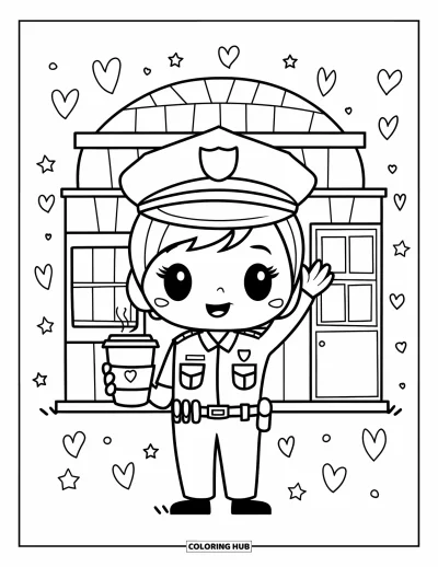 Tegning af politiet til voksne: En lille kawaii-betjent vinker med kaffe foran en afrundet politistation