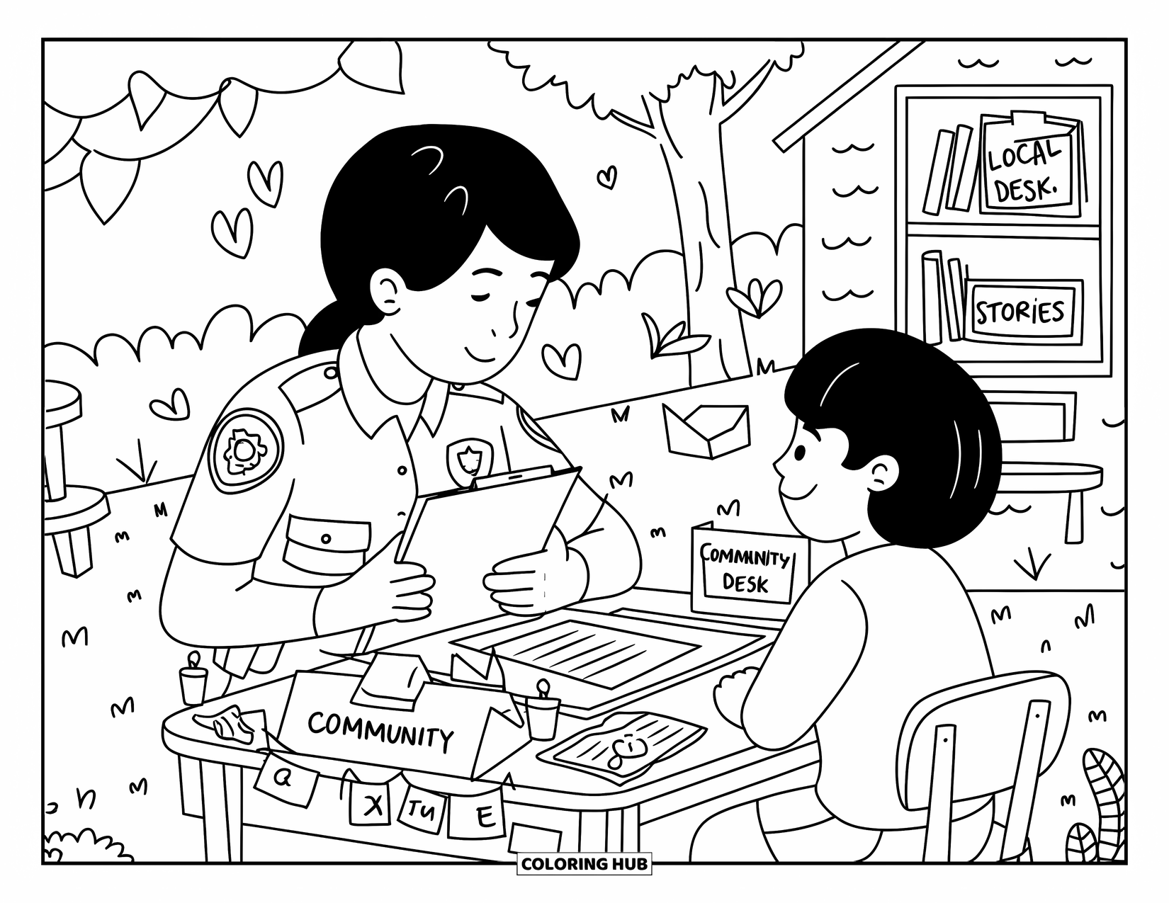 Police Coloring Page for Adults: A young officer chats with a teen at a tiny Community Help Desk near cute mini elements