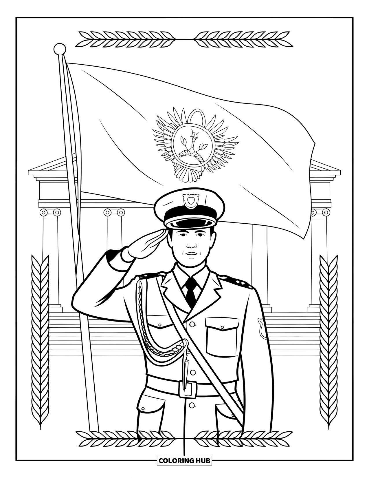 Police Coloring Page for Adults: An officer in dress uniform salutes with a large flag and building with columns behind