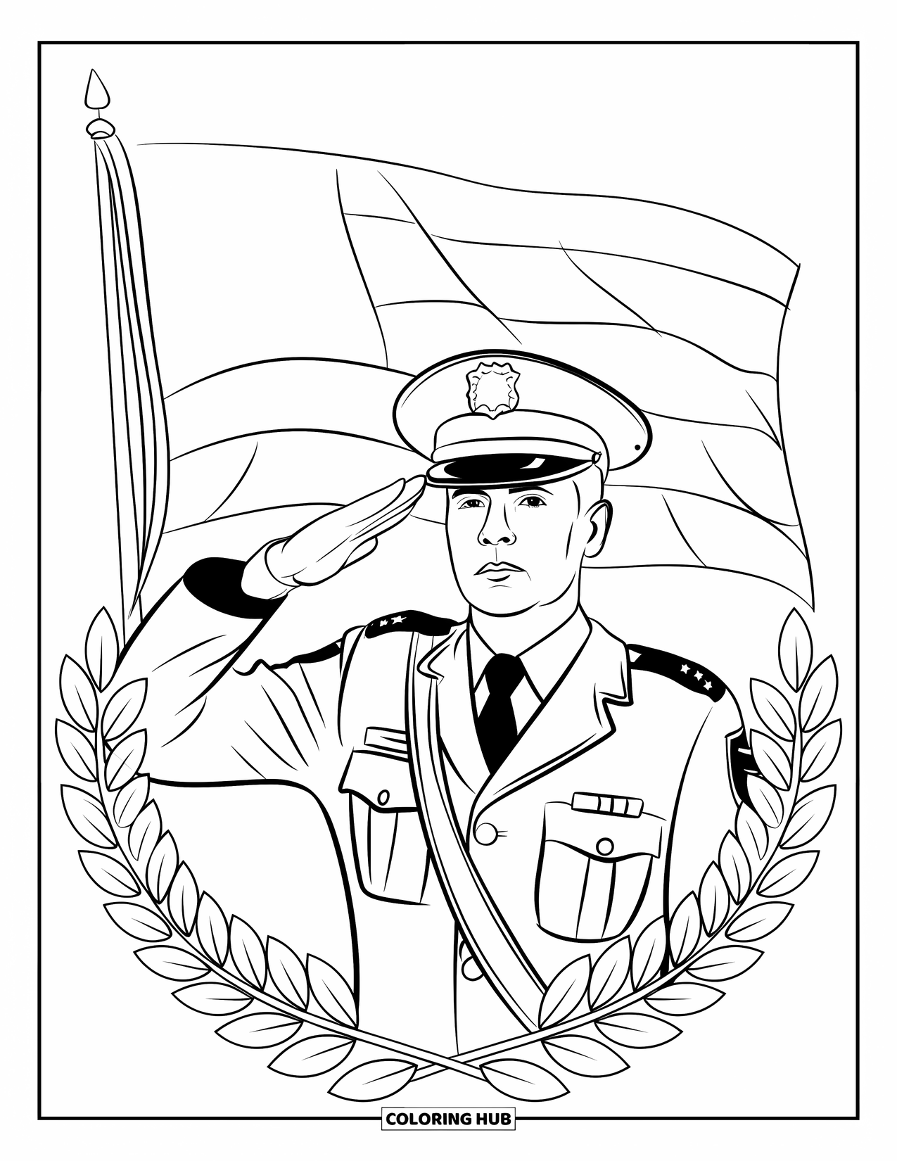 Police Coloring Page for Adults: An officer in full uniform salutes with a flowing flag and laurel borders behind