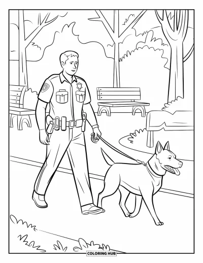 Tegning af politiet til voksne: En betjent lufter en politihund i snor gennem en park med træer og bænke