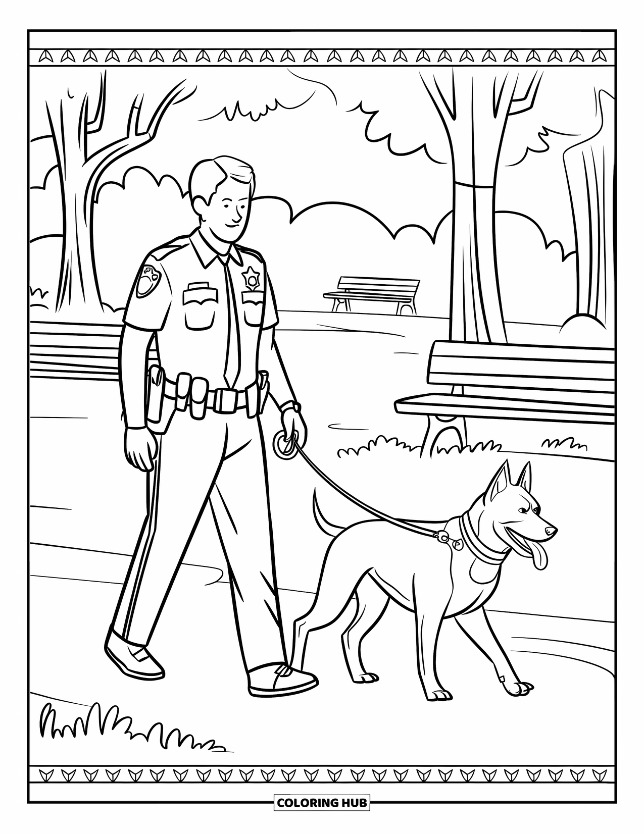 Police Coloring Page for Adults: An officer walks a K9 dog on a park path with a decorative border