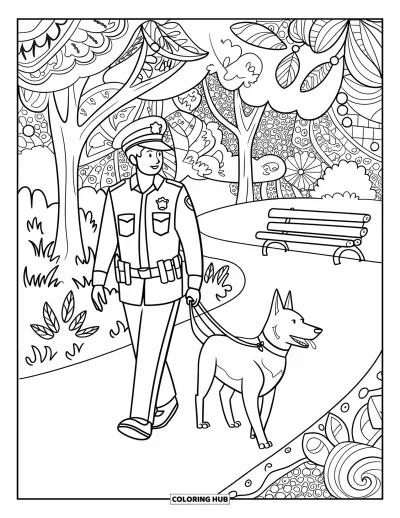 Tegning af politiet til voksne: En betjent lufter en politihund i en park med blomster, blade og kunstneriske mønstre