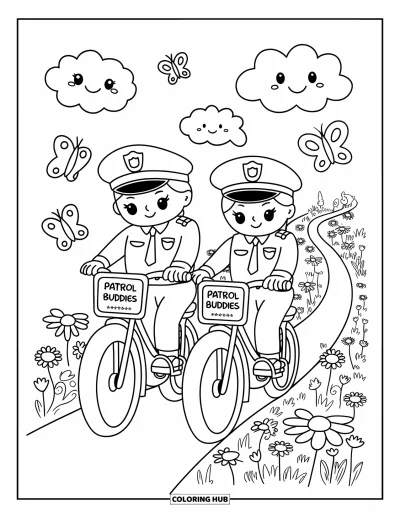 Tegning af politiet til voksne: To betjente cykler på store "Patruljevennerne"-cykler langs en havesti med sommerfugle og smiley-skyer