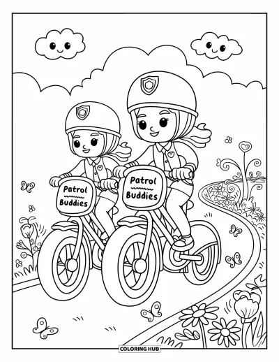 Tegning af politiet til voksne: To betjente cykler på "Patruljevennerne"-cykler på en havesti med tusindfryd og sommerfugle