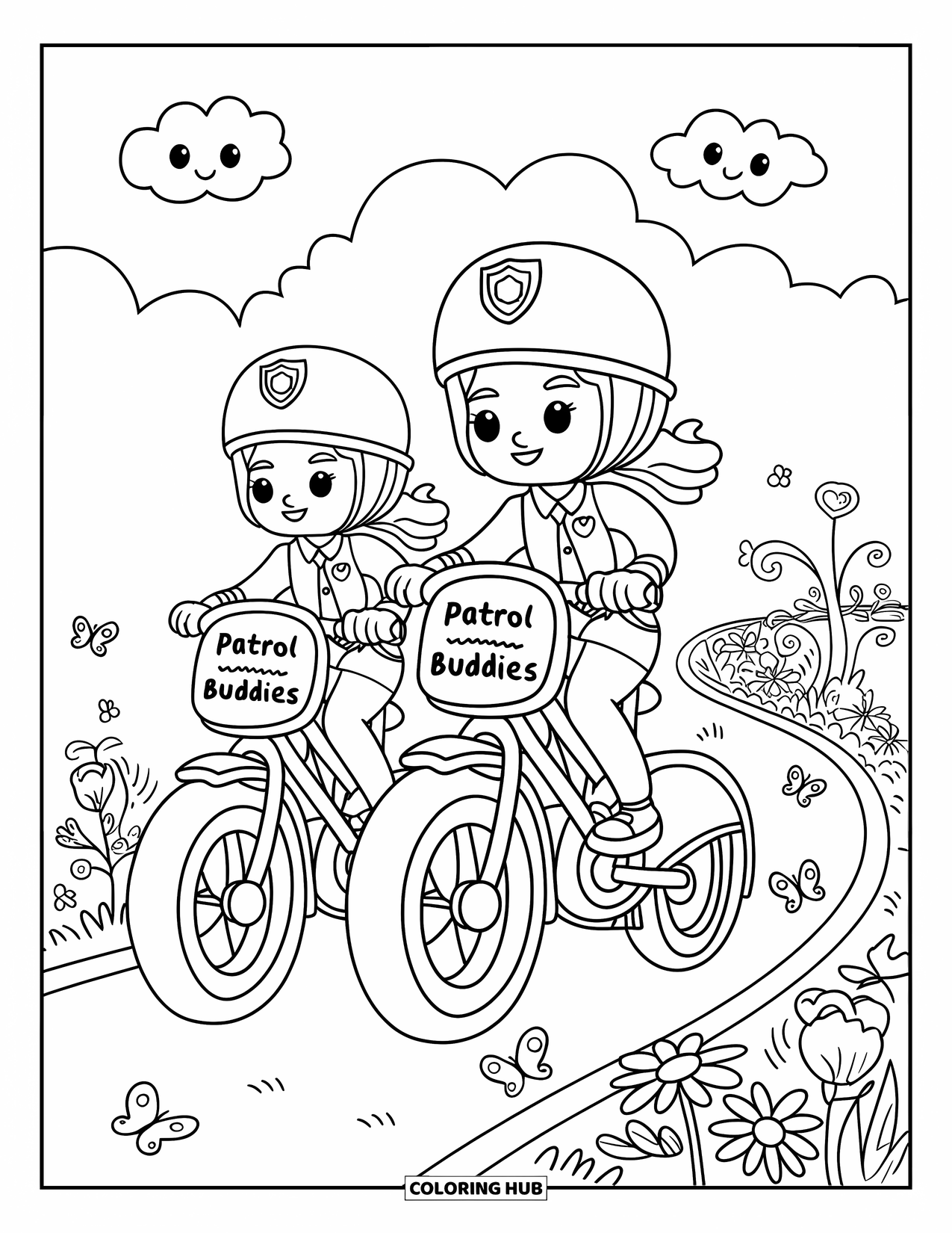 Police Coloring Page for Adults: Two officers ride "Patrol Buddies" bikes on a garden path with daisies and butterflies