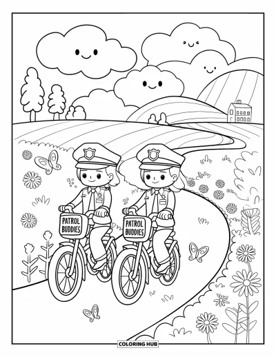 Tegning af politiet til voksne: To betjente cykler på "Patruljevennerne"-cykler gennem bakker og træer med drivende smiley-skyer