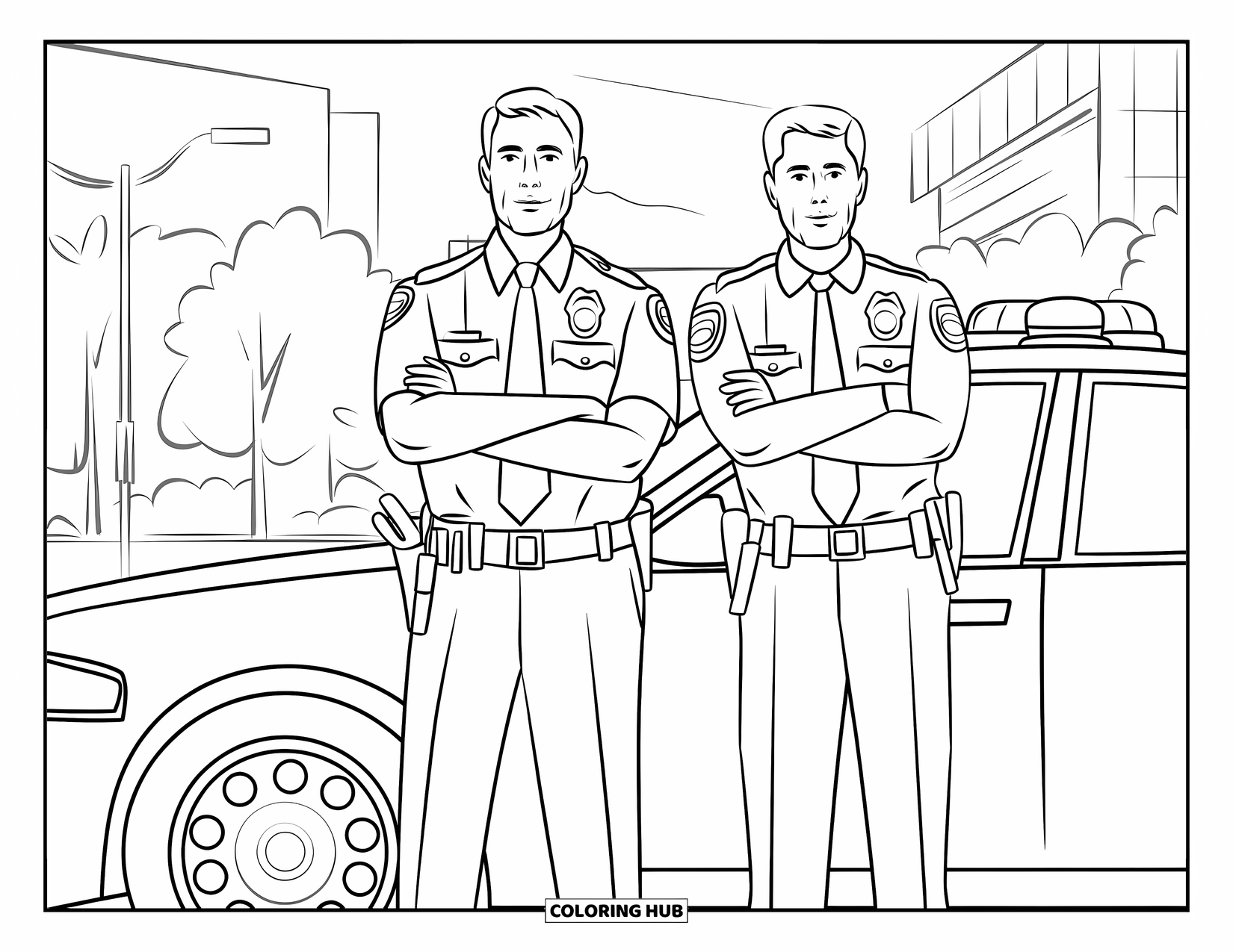 Police Coloring Page for Adults: Two officers stand by a police car, leaning with arms crossed in an urban setting
