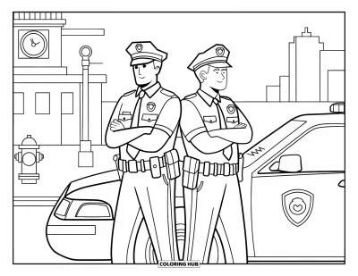 Tegning af politiet til voksne: To betjente står ved deres politibil nær et urbant klokketårn og en brandpost