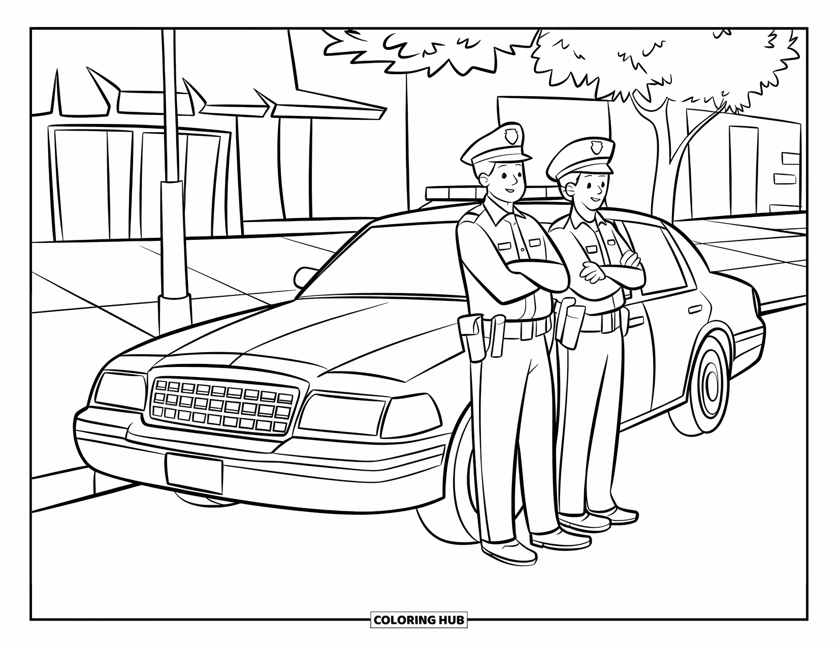 Police Coloring Page for Adults: Two uniformed officers lean on a police car parked by buildings and trees