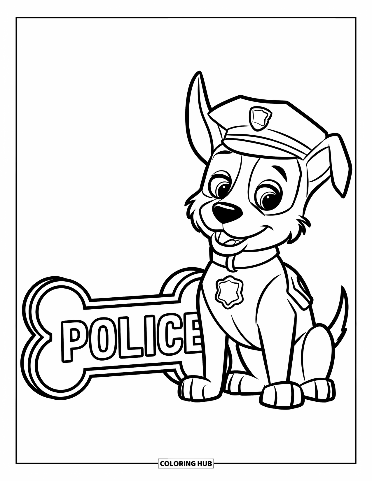 Police Coloring Page for Kids: A cute K9 dog sits by a bone-shaped sign that says "POLICE"