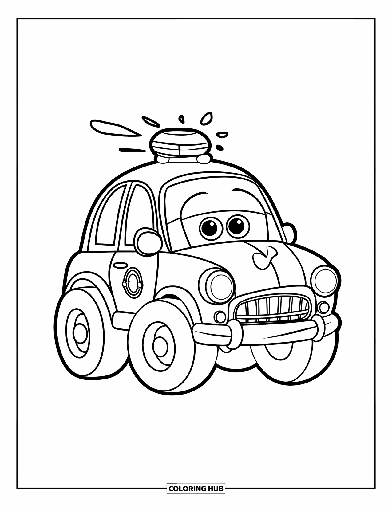Police Coloring Page for Kids: A cute police car with big wheels and a flashing light on top