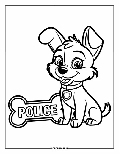 Tegning af politiet til børn: En sød politihund med et blankt badge sidder ved siden af et knogle-skilt med teksten "POLICE"