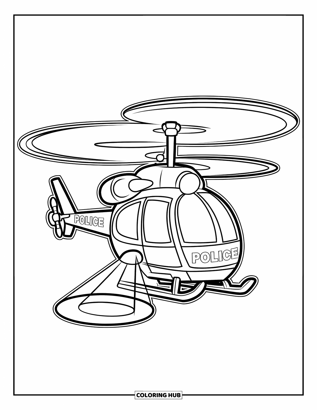 Police Coloring Page for Kids: A cute police helicopter with two large rotors and a spotlight underneath