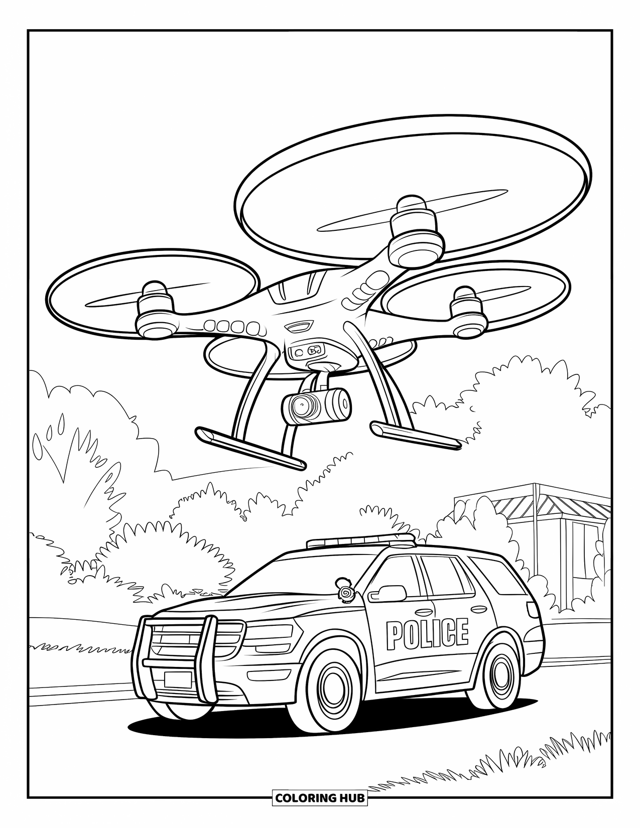 Police Coloring Page for Kids: A drone and police vehicle work together in a rescue mission near trees and buildings