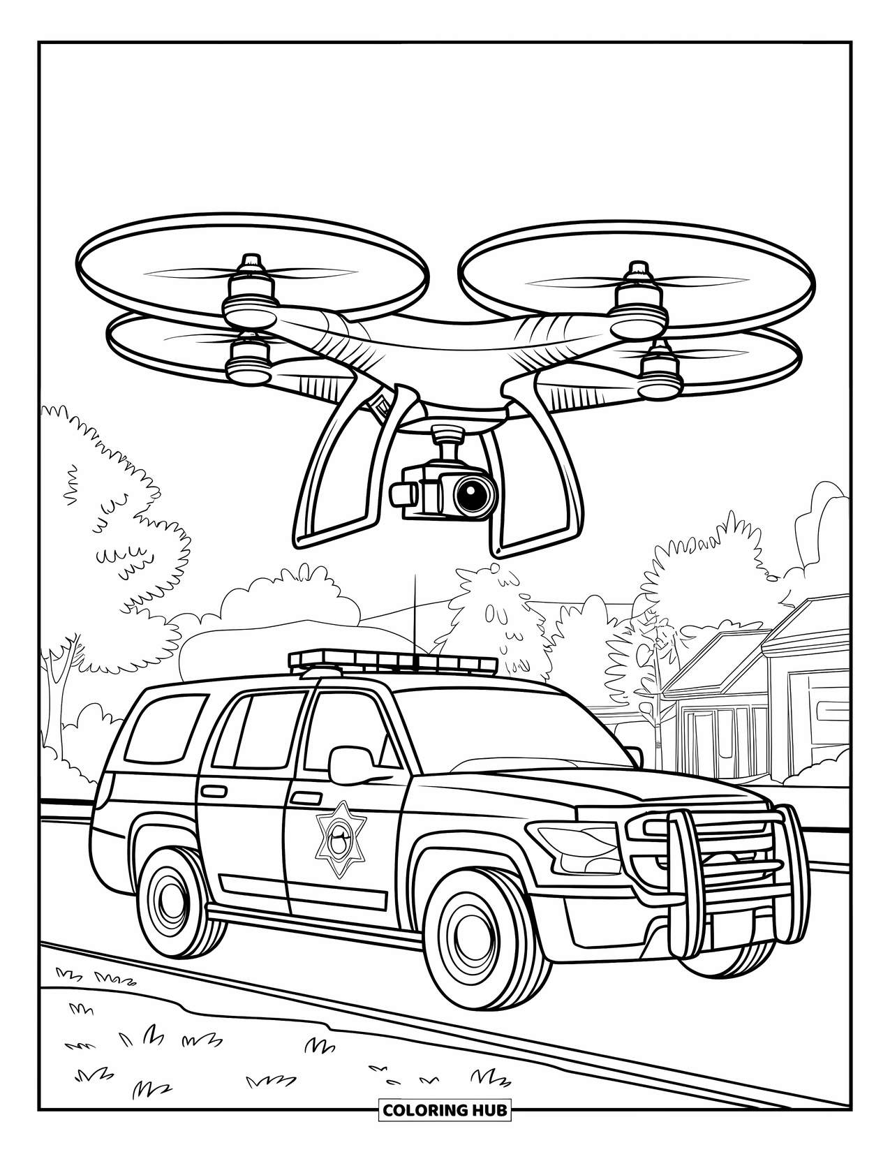 Police Coloring Page for Kids: A drone flies above a police vehicle during a search and rescue mission